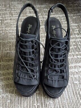 Elizabeth and James Black Lace-Up Open-Toe Slingback Heels